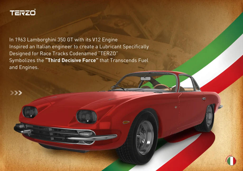 في عام 1963 لامبورغيني 350 GT بمحركها V12ألهم مهندس إيطالي لابتكار زيت تشحيم مصمم خصيصًا لحلبات السباقأطلق عليه اسم TERZO يرمز إلى "القوة الثالثة الحاسمة" التي