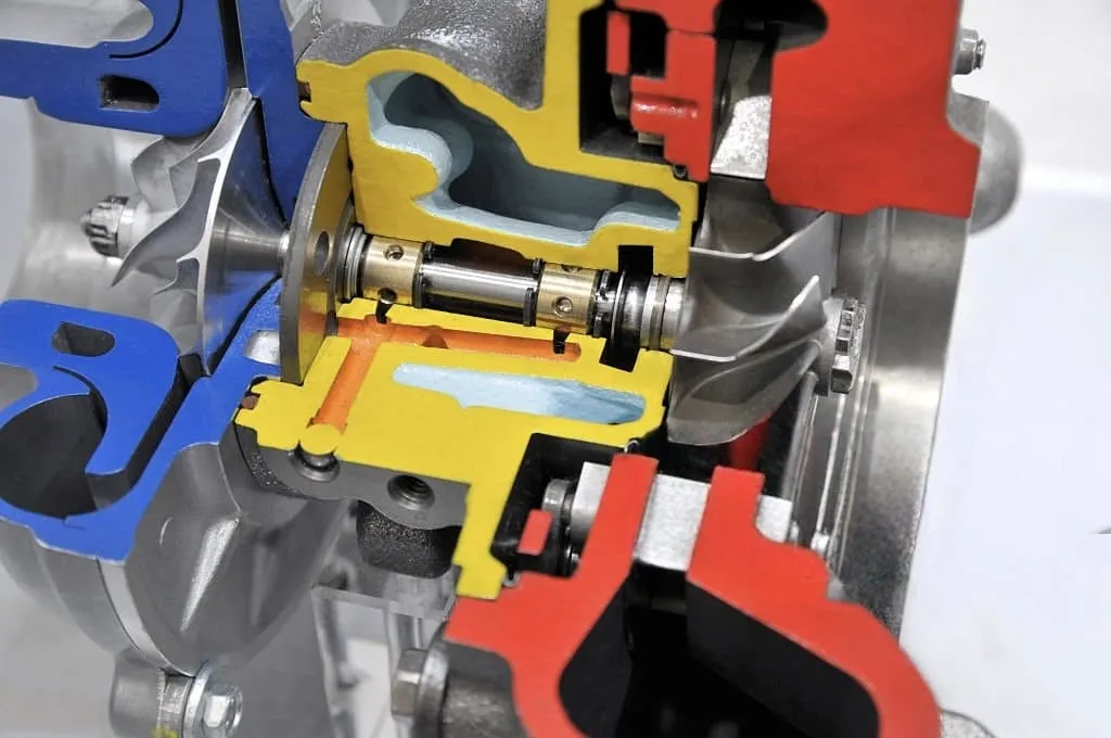 Turbocharger cross-section showing lubrication points