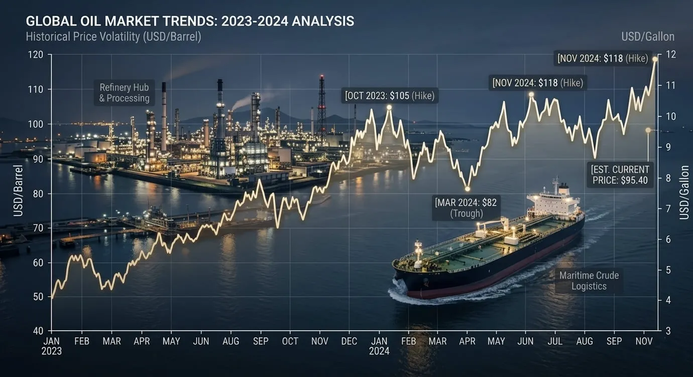 ¿Por qué Shell, Castrol y ExxonMobil aumentarán el precio de los lubricantes en 2026? 6 ANÁLISIS DE LAS TENDENCIAS DEL MERCADO MUNDIAL DEL PETRÓLEO 2023-2024: Volatilidad histórica de los precios (USD por barril)