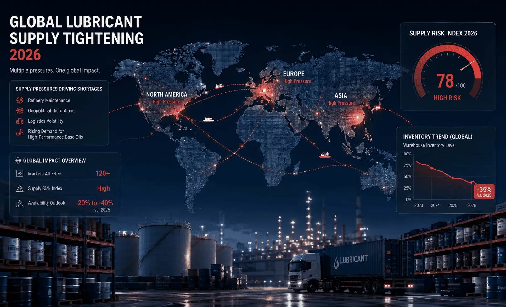 Global lubricant supply chain disruption showing inventory shortages across major regions in 2026