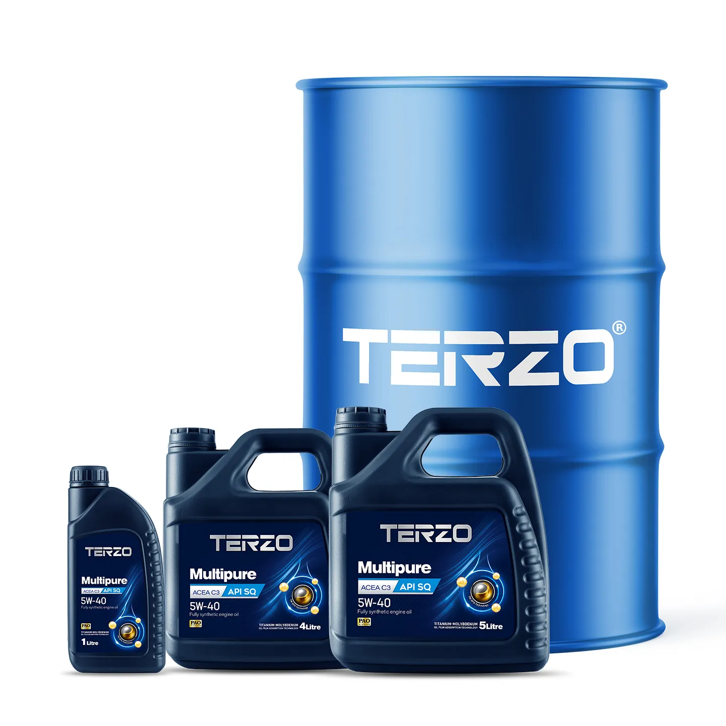 TERZO MULTIPURE 5W40 1L, 4L, 5L & 208L Packaging