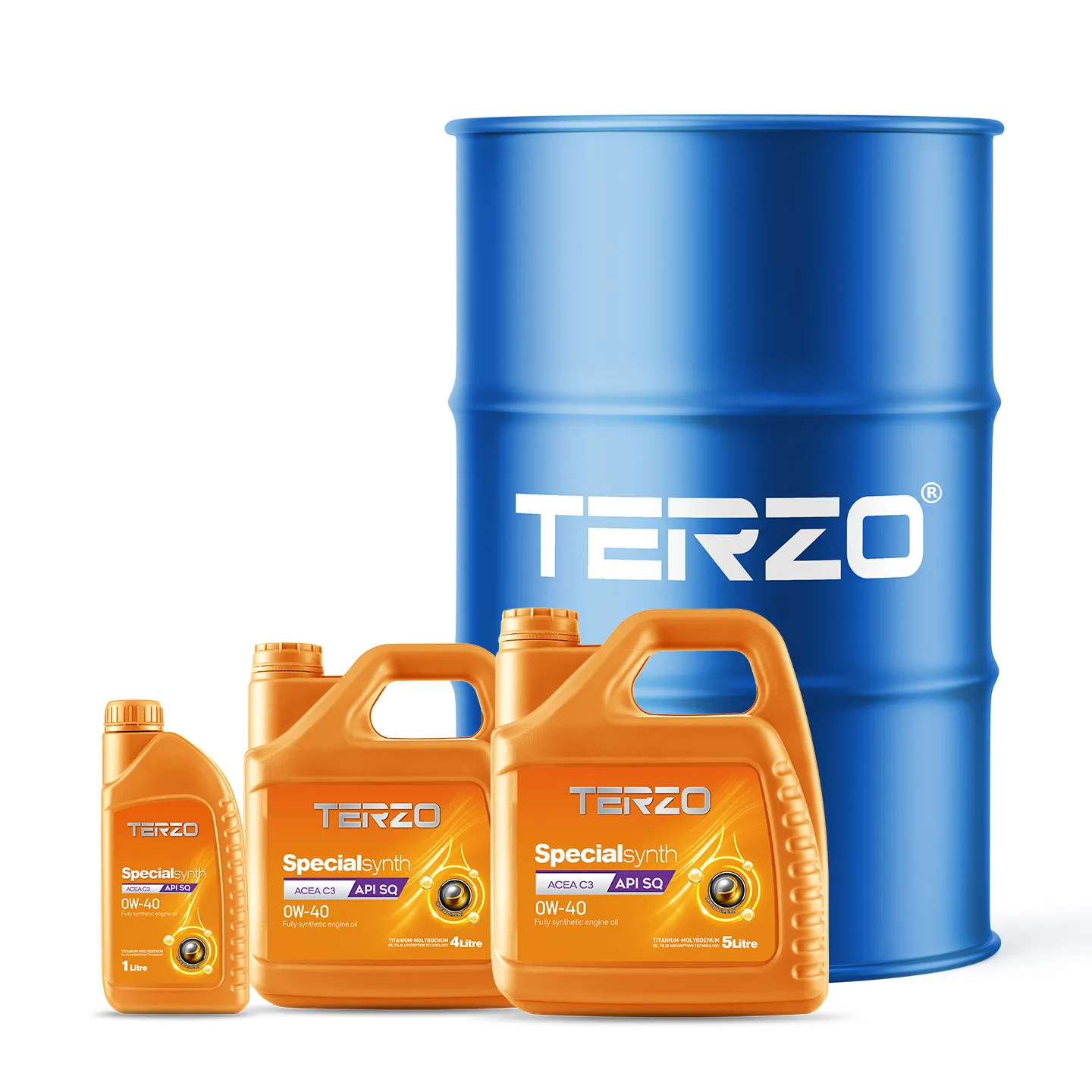 TERZO Specialsynth 0W40 1L, 4L, 5L & 208L Packaging