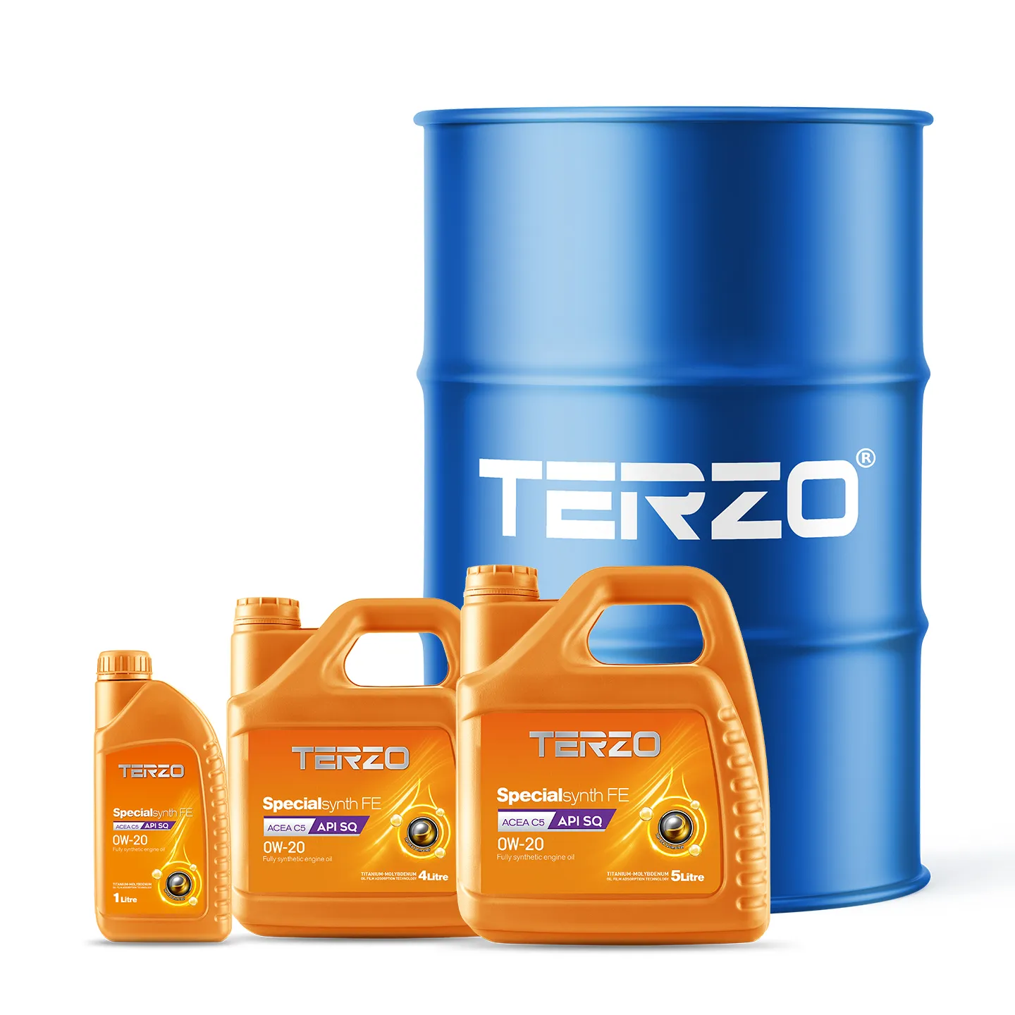 TERZO Specialsynth FE 0W-20 1L, 4L, 5L & 208L Packaging