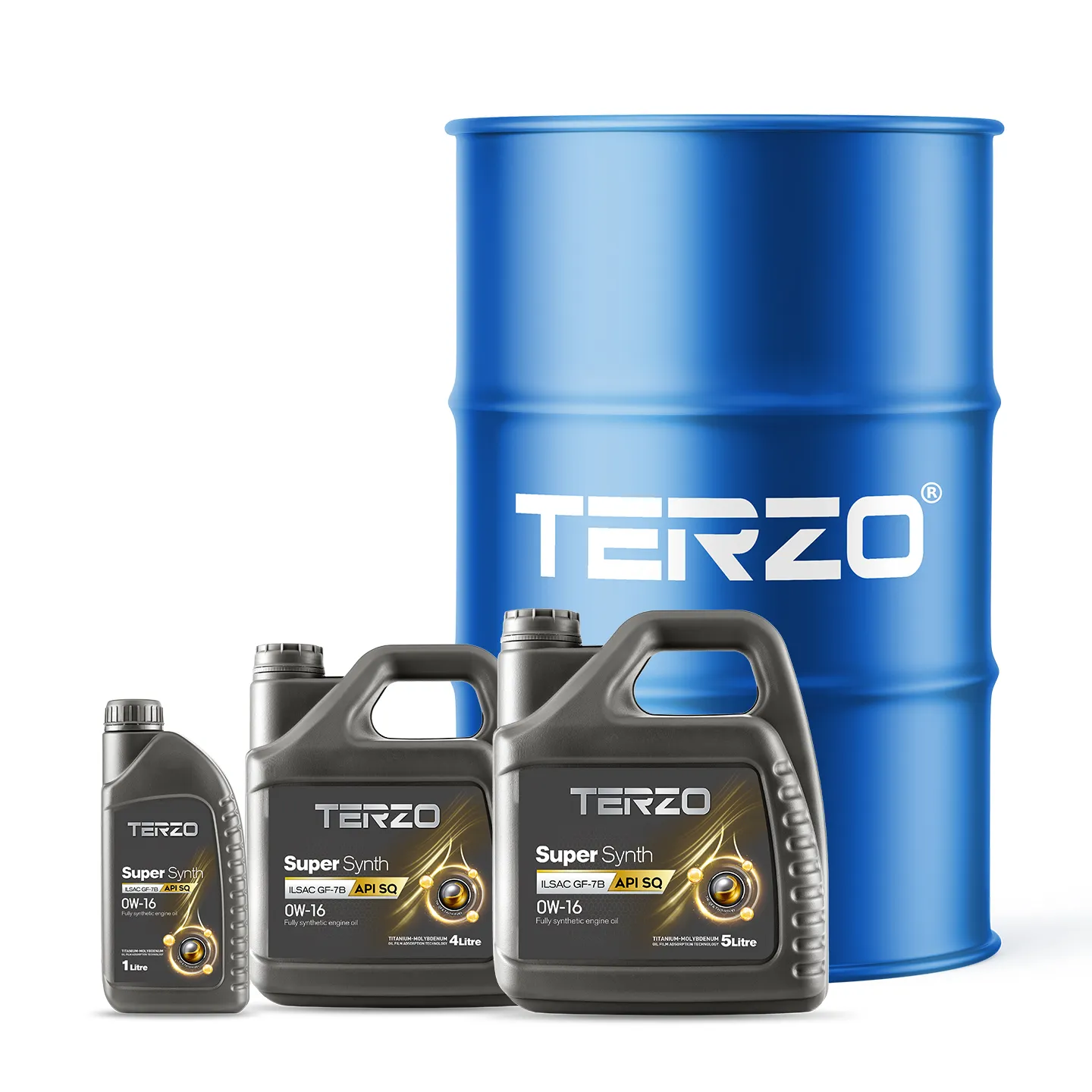 TERZO SuperSynth 0W-16 1L, 4L, 5L & 208L Packaging
